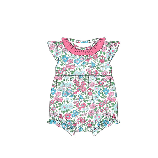 Baby Girls Pink Flutter Sleeves Blue Floral Ruffle Romper Preorder