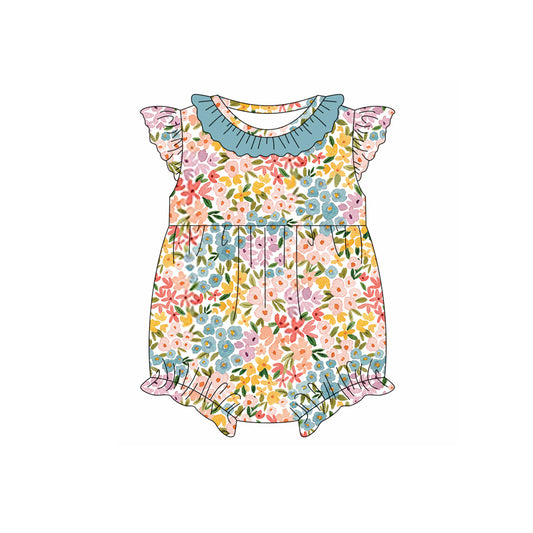 Baby Girls Aqua Flutter Sleeves Colorful Floral Ruffle Romper Preorder