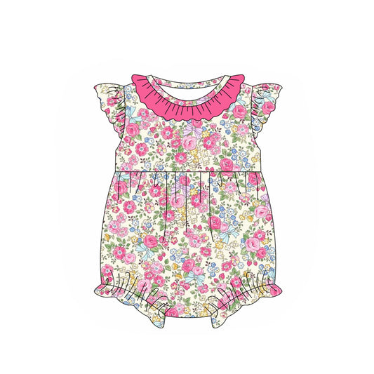 Baby Girls Hot Pink Flutter Sleeves Colorful Floral Ruffle Romper Preorder