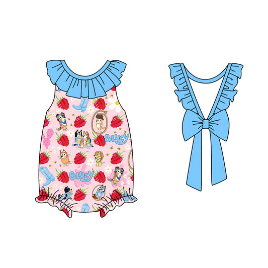 Baby Girls Blue Sleeveless Cartoon Dogs Backless Bow Romper Preorder