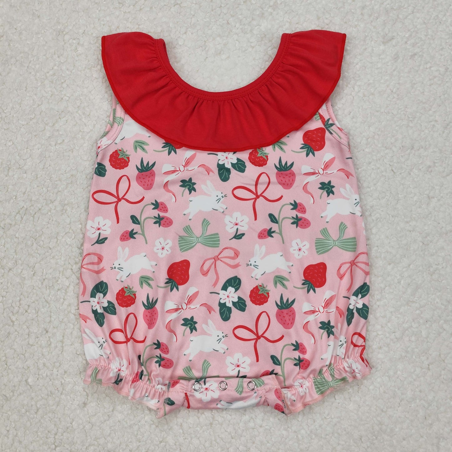 Baby Girls Red Sleeveless Floral Strawberry Bunny Backless Bow Easter Romper