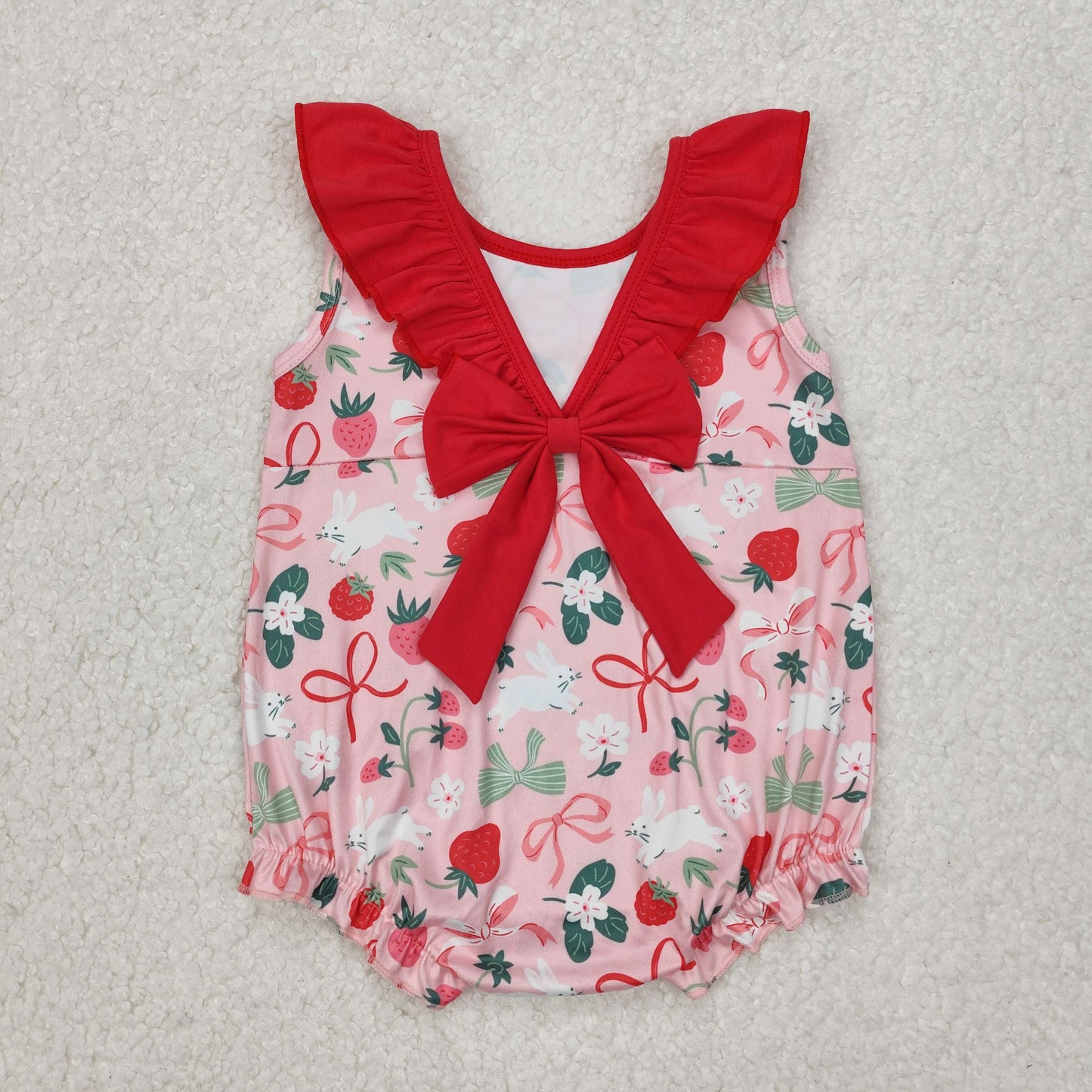 Baby Girls Red Sleeveless Floral Strawberry Bunny Backless Bow Easter Romper