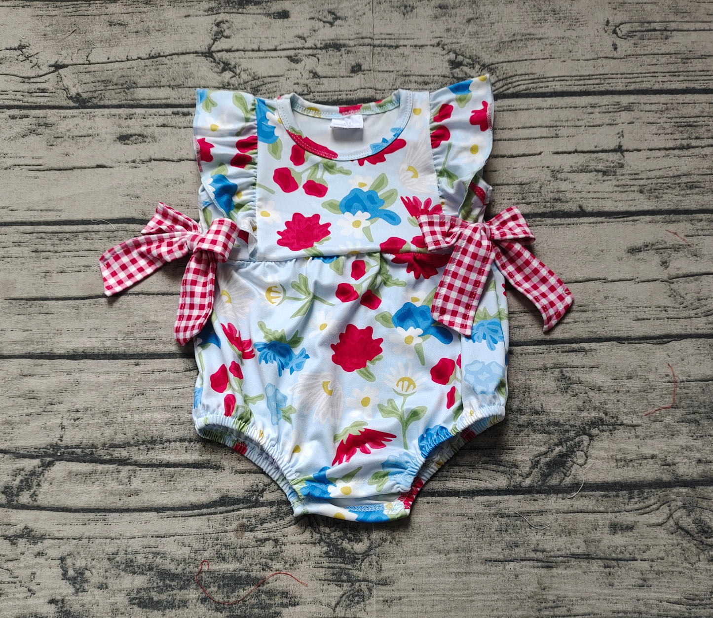 Baby Girls Blue Ruffle Sleeveless Floral Red Plaid Bows Rompers Preorder