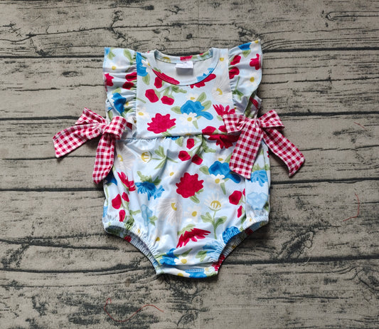 Baby Girls Blue Ruffle Sleeveless Floral Red Plaid Bows Rompers Preorder
