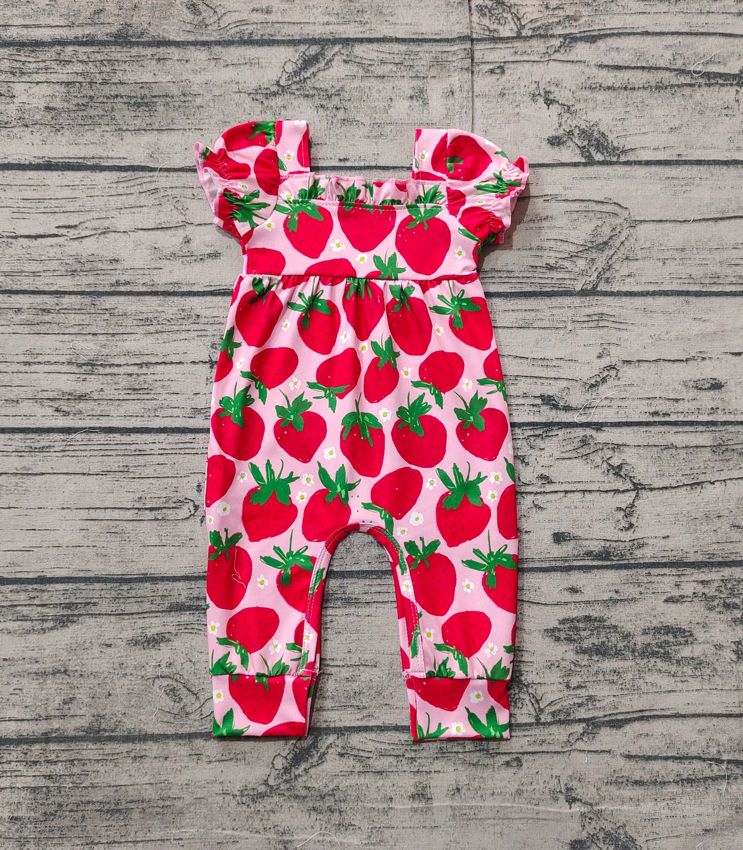 Baby Girls Pink Short Ruffle Sleeves Red Strawberry Romper Preorder