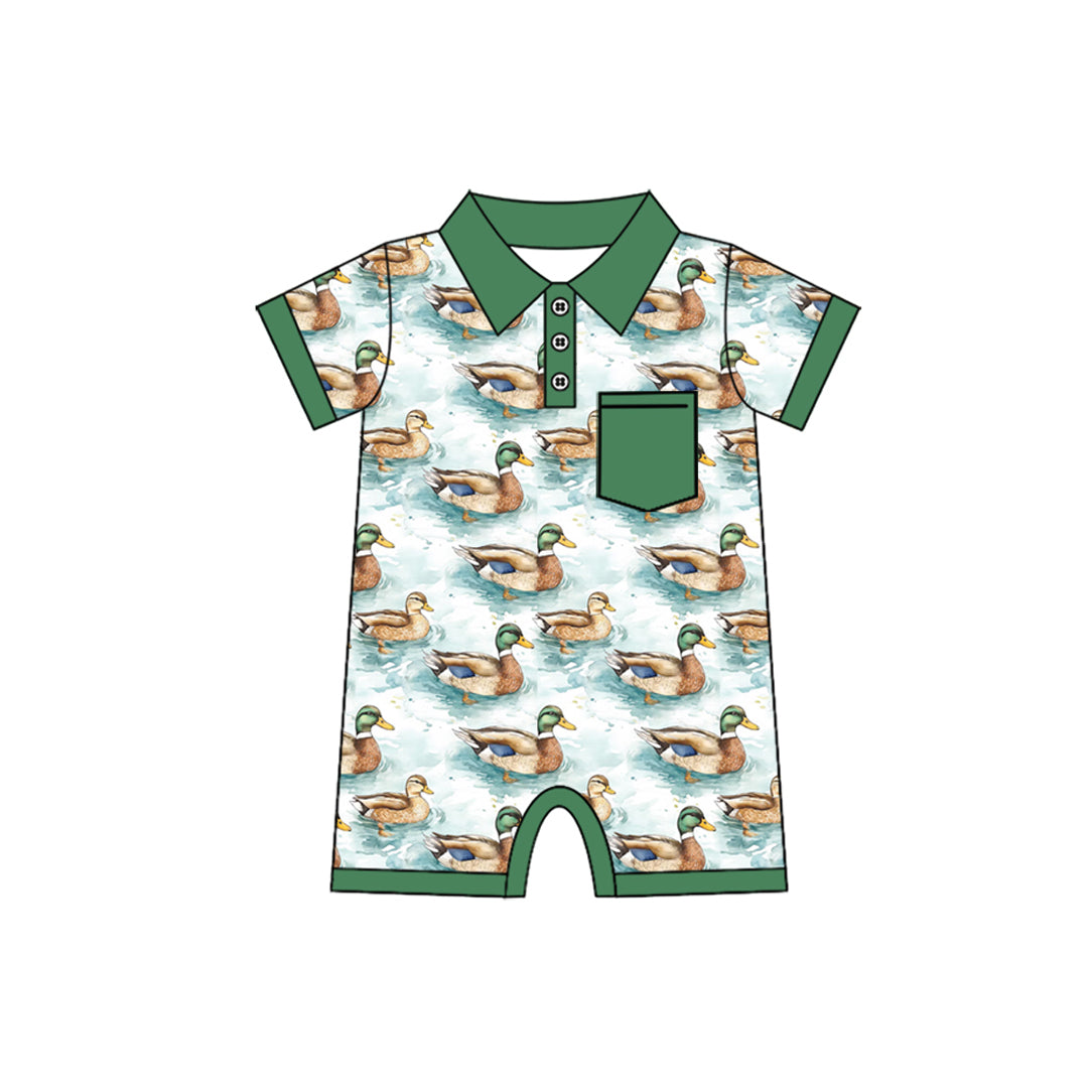 Baby Boys Green Short Sleeves Button Down Pocket Ducks Rompers Preorder