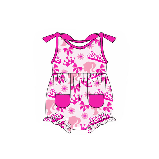Baby Girls Hot Pink Bows Strap Bows Pockets Rompers Preorder