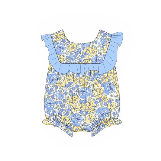 Baby Girls Blue Ruffle Sleeveless Floral Print Rompers Preorder