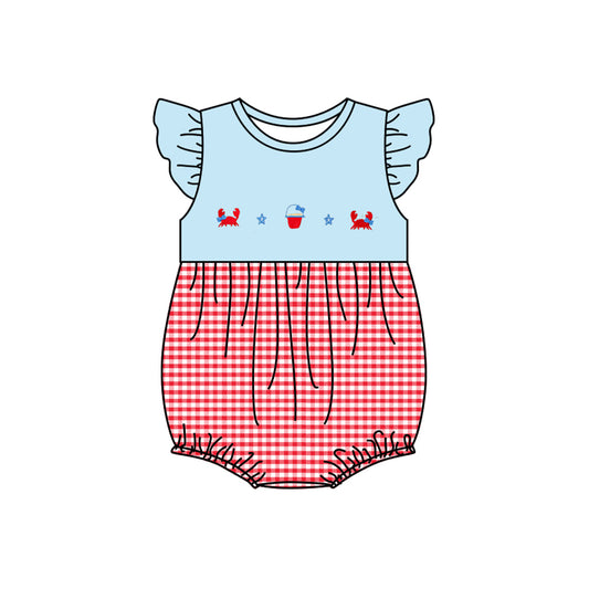 Baby Girls Blue Flutter Sleeves Crabs Starfishes Red Plaid Rompers Preorder