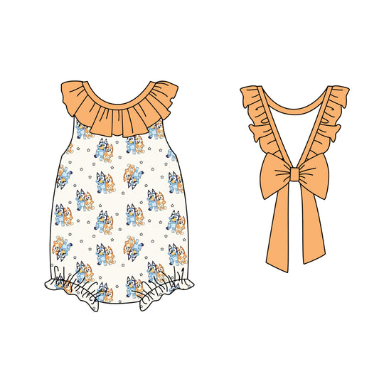Baby Girls Orange Sleeveless Cartoon Dogs Backless Bow Rompers Preorder
