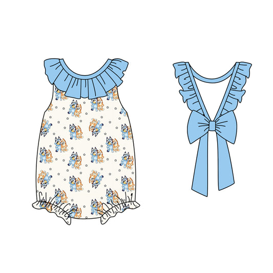 Baby Girls Blue Sleeveless Cartoon Dogs Backless Bow Rompers Preorder
