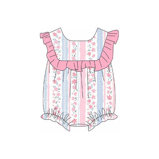 Baby Girls Pink Ruffle Sleeves Floral Stripe Print Rompers Preorder