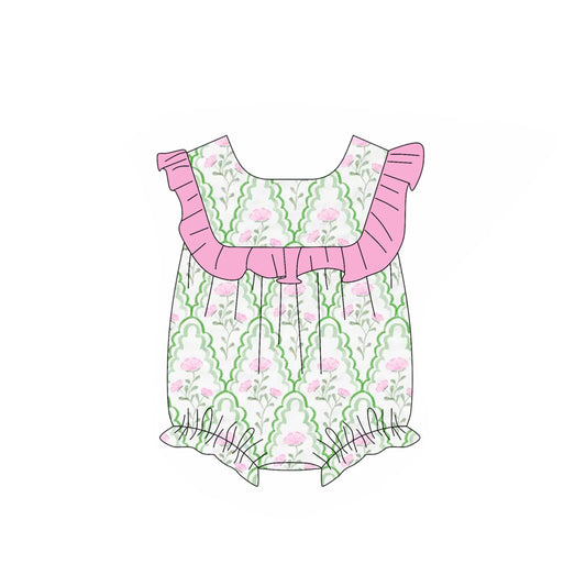 Baby Girls Pink Ruffle Sleeves Floral Stripe Aqua Plaid Rompers Preorder