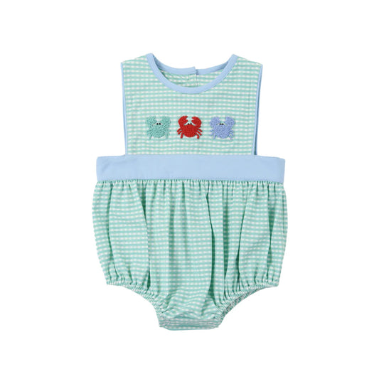 Baby Boys Aqua Plaid Sleeveless Crabs Rompers Preorder