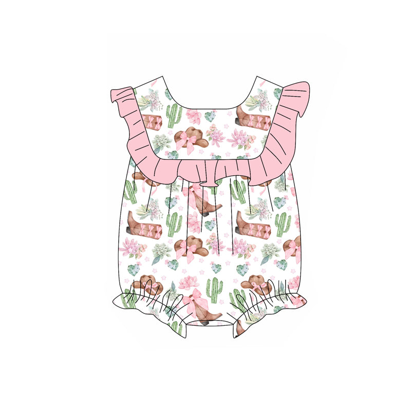 Baby Girls Pink Ruffle Sleeveless Floral Boots Cactus Rompers Preorder