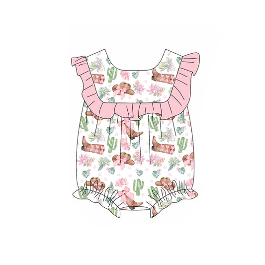 Baby Girls Pink Ruffle Sleeveless Floral Boots Cactus Rompers Preorder