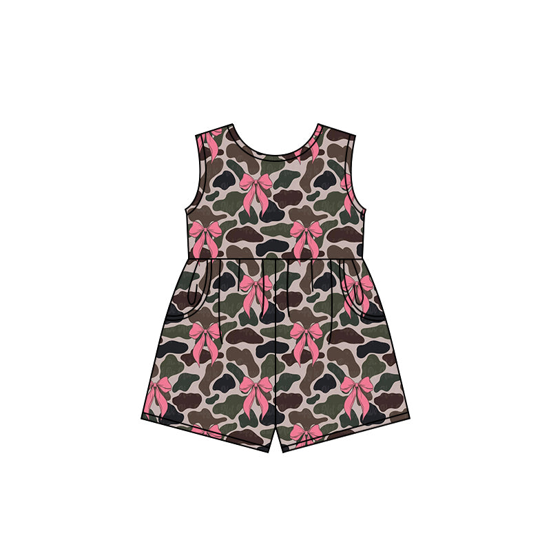 Baby Girls Sleeveless Pink Bows Olive Camo Pockets Jumpsuits Preorder