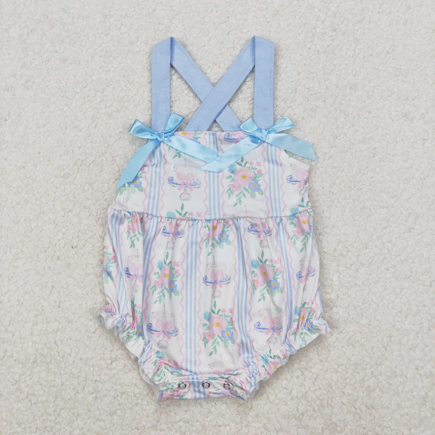 Baby Girls Light Blue Strap Bows Floral Stripe Valentines Rompers