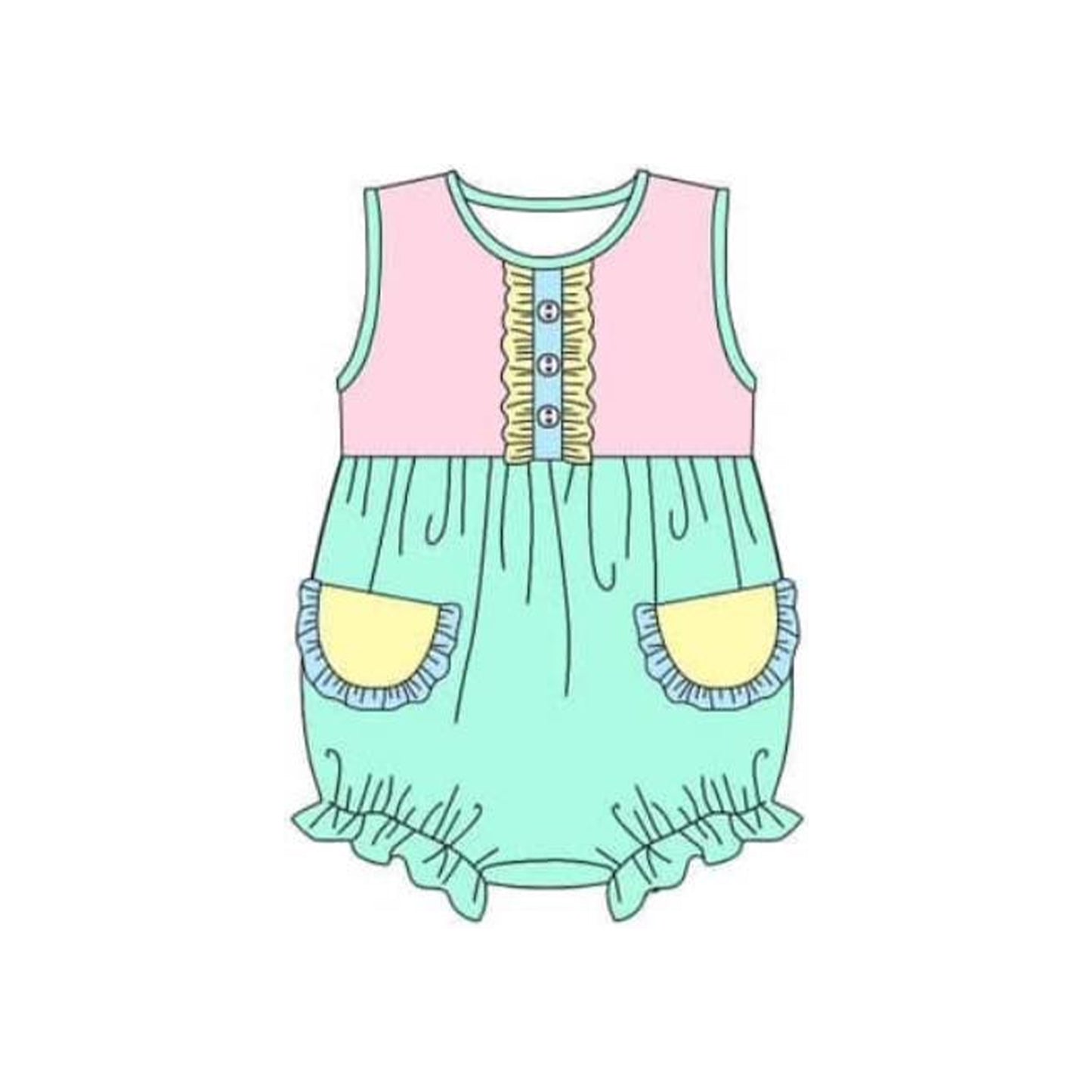 Baby Girls Pink Sleeveless Button Down Aqua Yellow Pockets Rompers Preorder