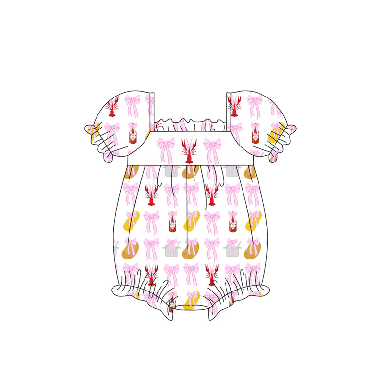 Baby Girls Pink Short Ruffle Sleeves Bows Crayfishes Corn Rompers Preorder