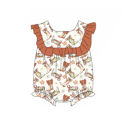 Baby Girls Brown Ruffle Sleeves Boots Bows Flowers Rompers Preorder