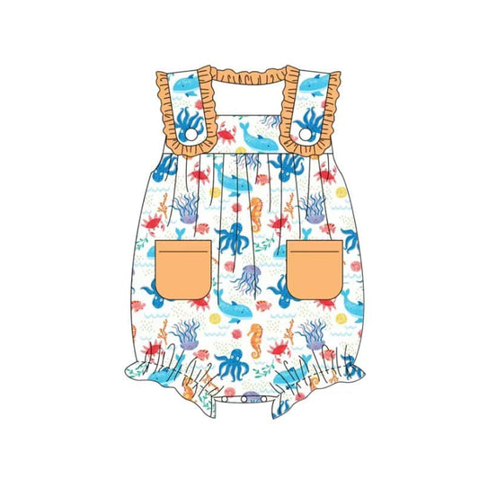 Baby Girls Sleeveless Orange Pockets Sea World Rompers Preorder