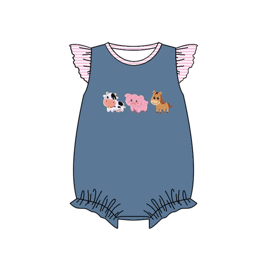 Baby Girls Pink Stripe Flutter Sleeves Cow Pigs Navy Farm Rompers Preorder