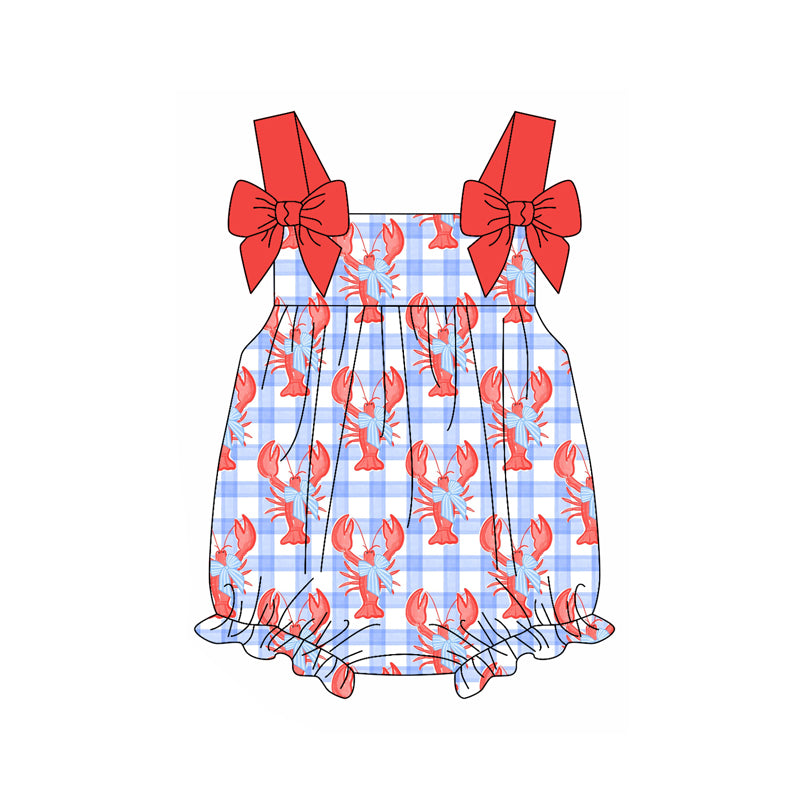 Baby Girls Red Straps Bows Blue Plaid Crayfishes Rompers Preorder