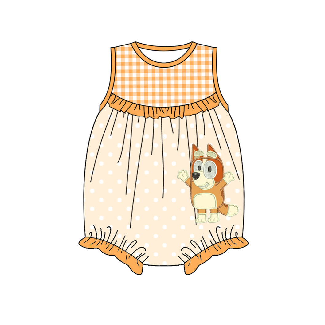 Baby Girls Yellow Sleeveless Plaid Polka Dots Cartoon Dogs Rompers Preorder