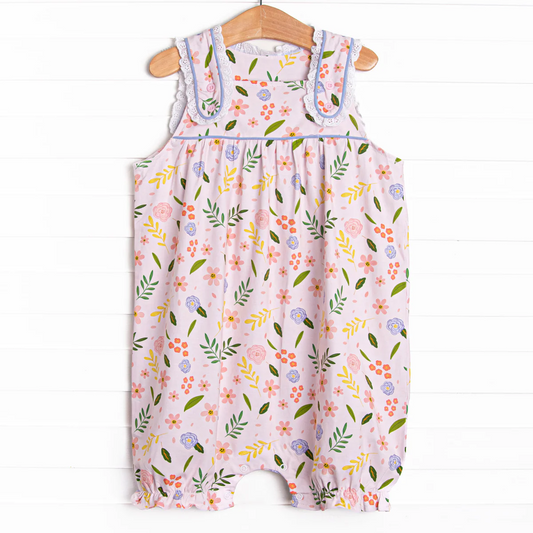 Baby Girls Pink Sleeveless Button Down Top Floral Ruffle Rompers Preorder