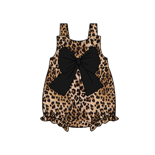 Baby Girls Brown Strap Leopard Black Bow Top Ruffle Rompers Preorder