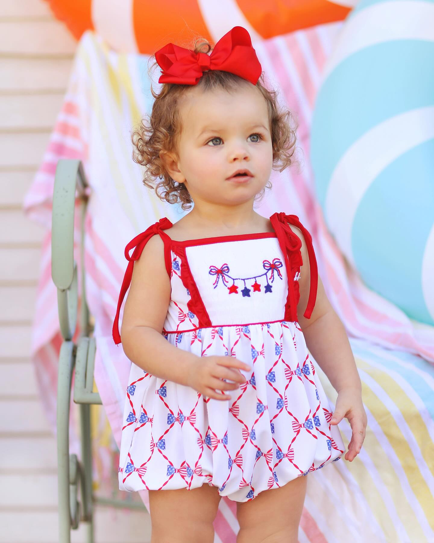 Baby Girls Red Strap Blue Stars Top Bows Plaid 4th Of July Rompers Preorder