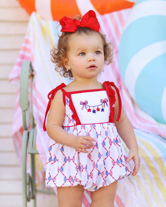 Baby Girls Red Strap Blue Stars Top Bows Plaid 4th Of July Rompers Preorder