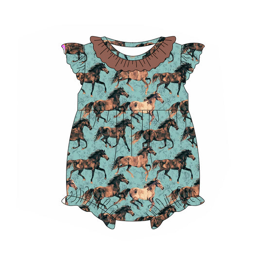 Baby Girls Blue Flutter Sleeves Horses Ruffle Rompers Preorder
