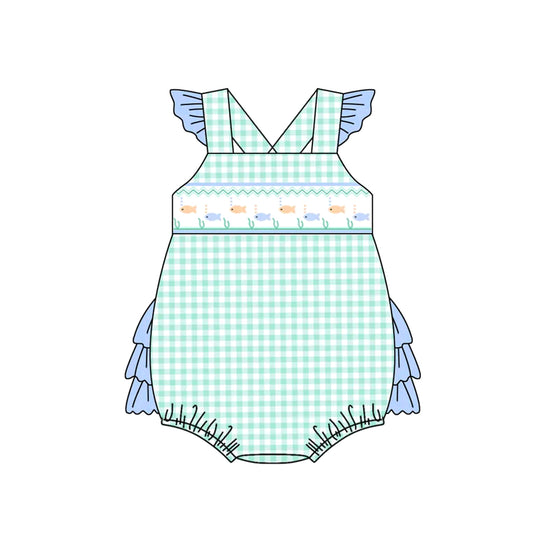 Baby Girls Blue Flutter Sleeves Aqua Plaid Fishes Top Ruffle Rompers Preorder