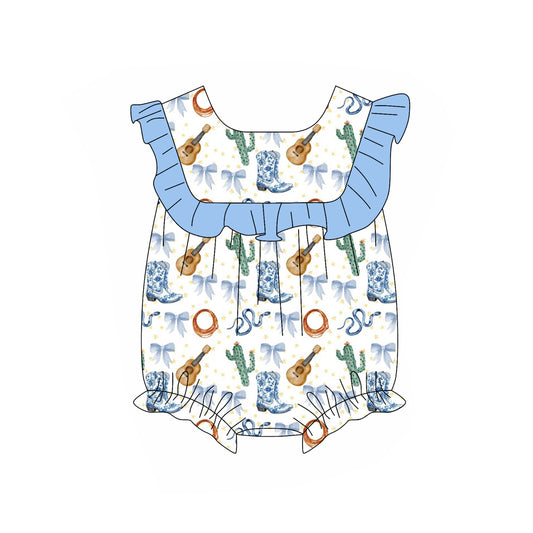 Baby Girls Blue Ruffle Sleeveless Guitars Boots Bows Ruffle Rompers Preorder