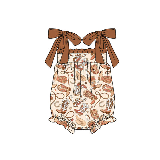 Baby Girls Brown Strap Boots Hats Ruffle Rompers Preorder