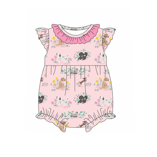 Baby Girls Pink Flutter Sleeves Dogs Floral Ruffle Rompers Preorder