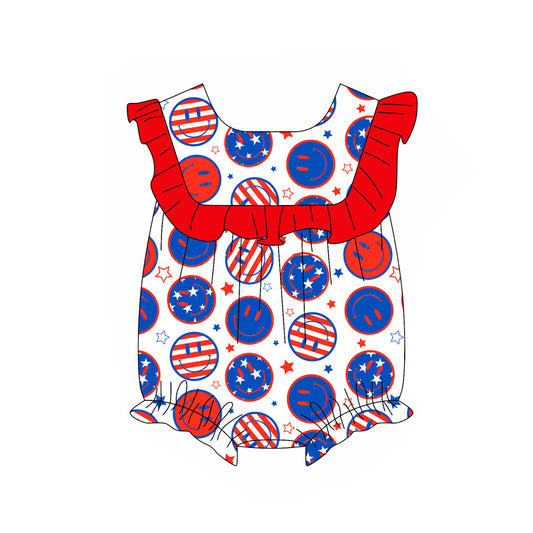 Baby Girls Red Ruffle Sleeveless Blue Smiles Stars Ruffle 4th Of July Rompers Preorder