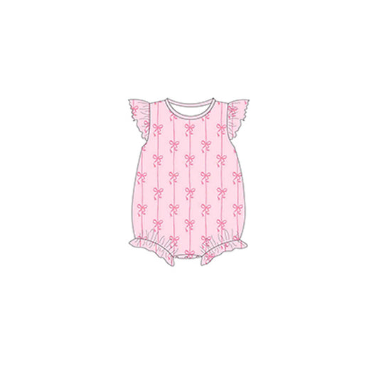 Baby Girls Pink Flutter Sleeves Bows Stripe Ruffle Rompers Preorder