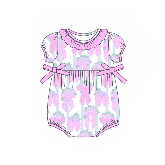 Baby Girls Pink Short Ruffle Sleeves Bows Floral Rompers Preorder
