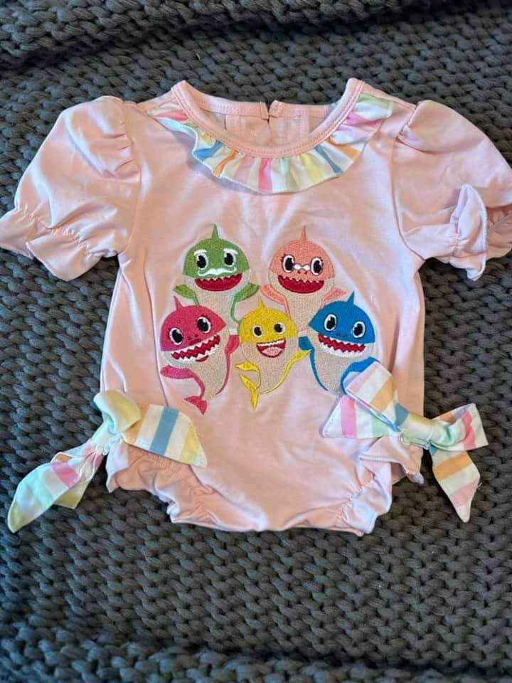 Baby Girls Pink Short Sleeves Cartoon Sharks Bows Rompers Preorder
