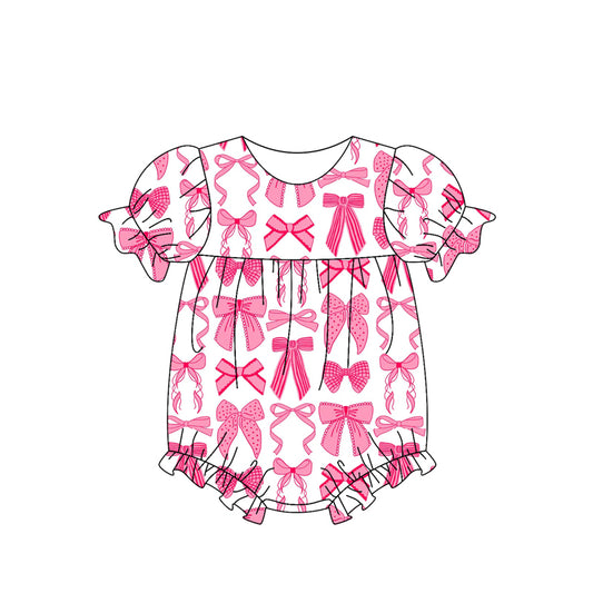Baby Girls Short Ruffle Sleeves Hot Pink Bows Print Rompers Preorder