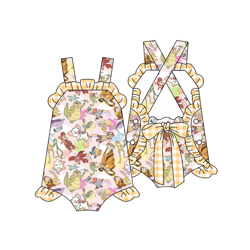 Baby Girls Yellow Plaid Strap Cartoon Animals Backless Bow Rompers Preorder