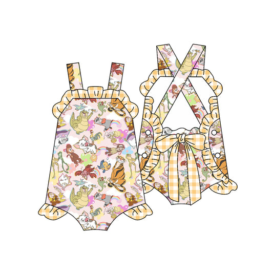 Baby Girls Yellow Plaid Strap Cartoon Animals Backless Bow Rompers Preorder