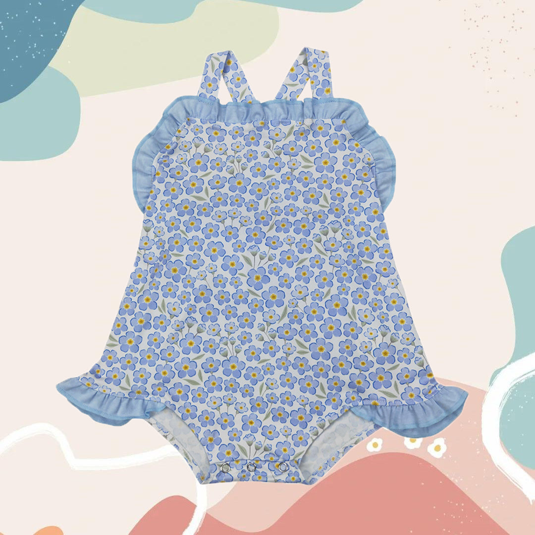 Baby Girls Blue Strap Floral Backless Bow Rompers