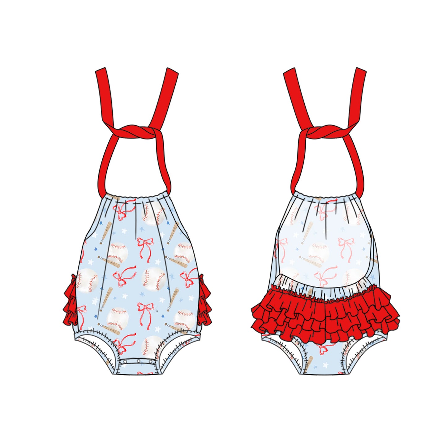 Baby Girls Red Strap Bows Baseballs Rompers Preorder