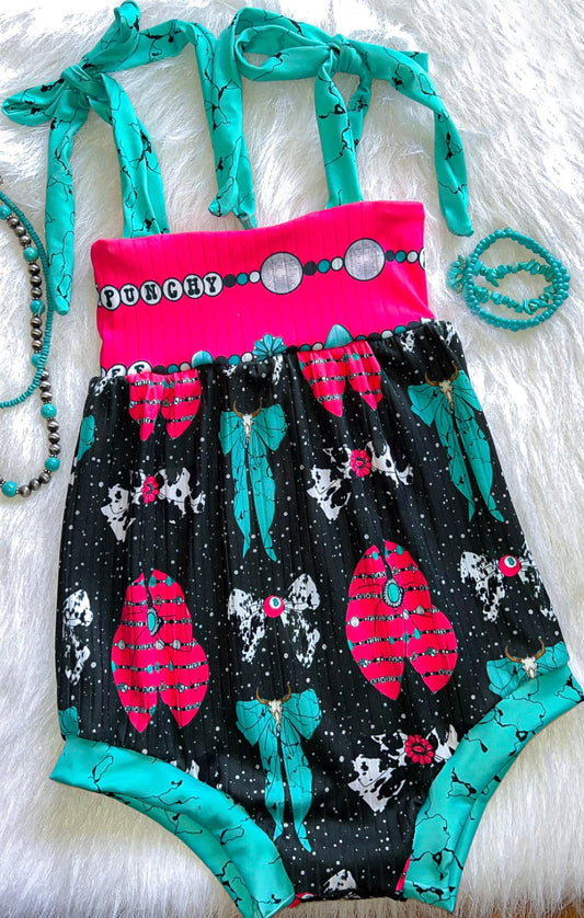 Baby Girls Aqua Strap Pink Cow Print Bows Rompers Preorder