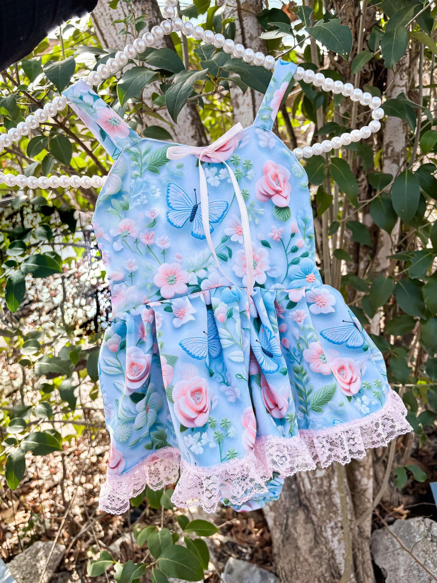 Baby Girls Light Blue Strap Floral Butterfly Rompers Preorder