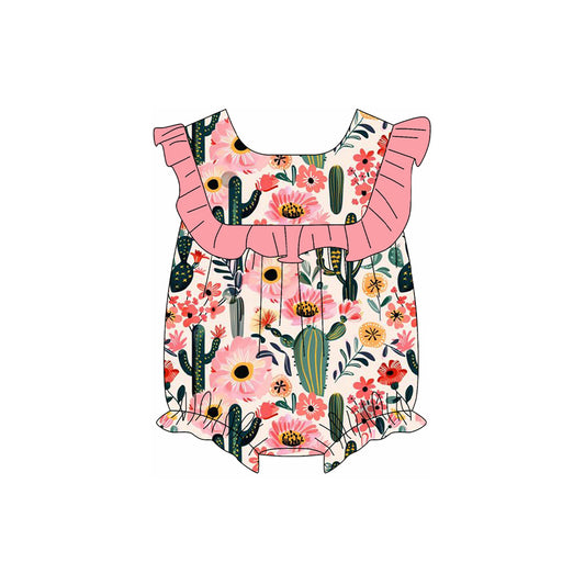 Baby Girls Pink Ruffle Sleeveless Floral Cactus Rompers Preorder